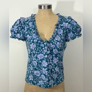 Anthropologie Floral Ruffle Sleeve Blouse - Teal and Lavender